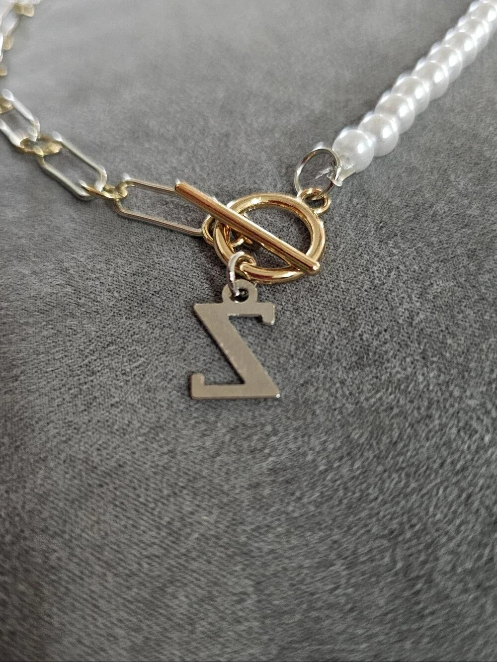 Gold Link and White Pearl Half-Chain Necklace with Charm